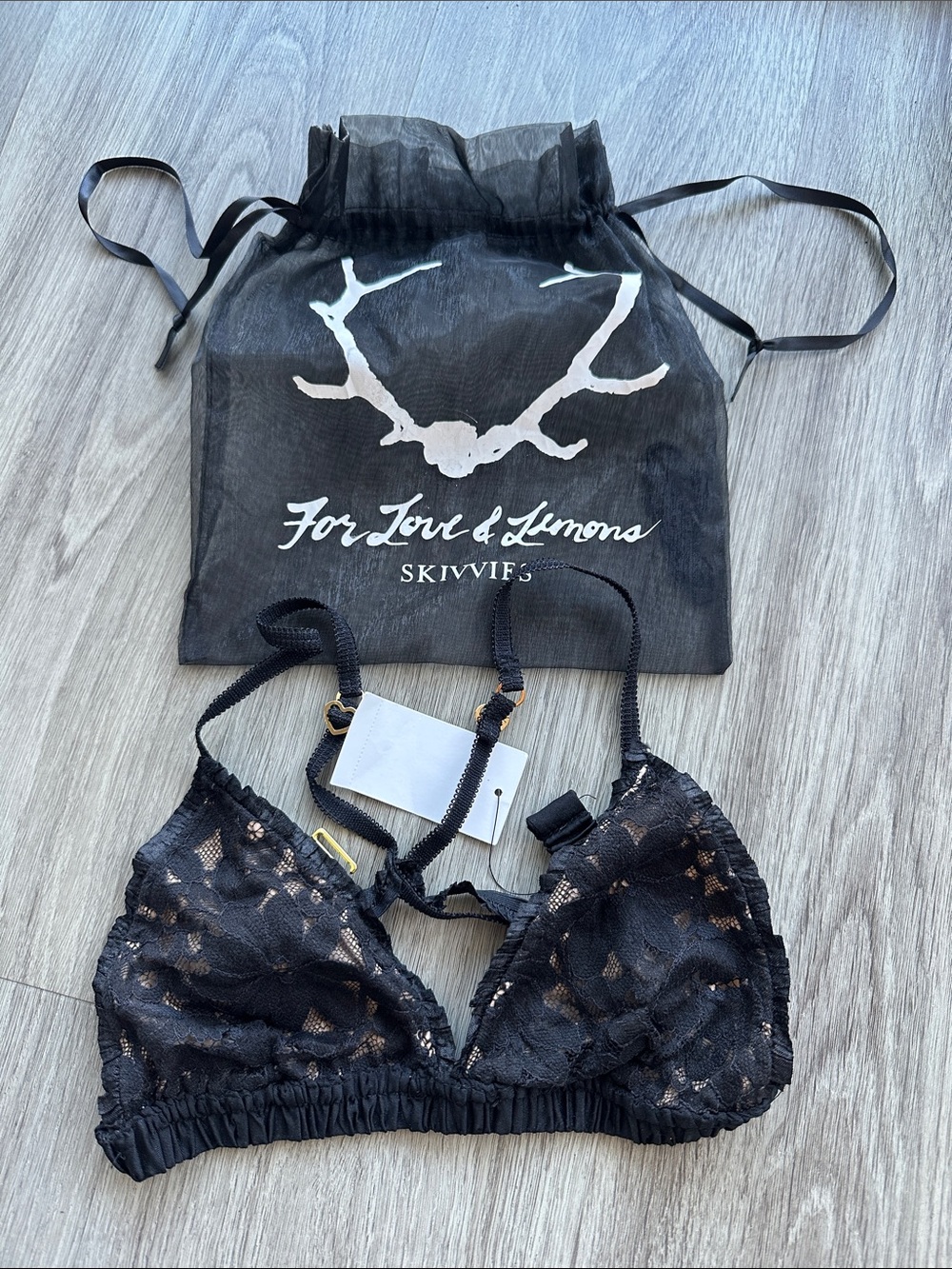 For Love And Lemons Black Lace Bralette with Organza Drawstring Bag